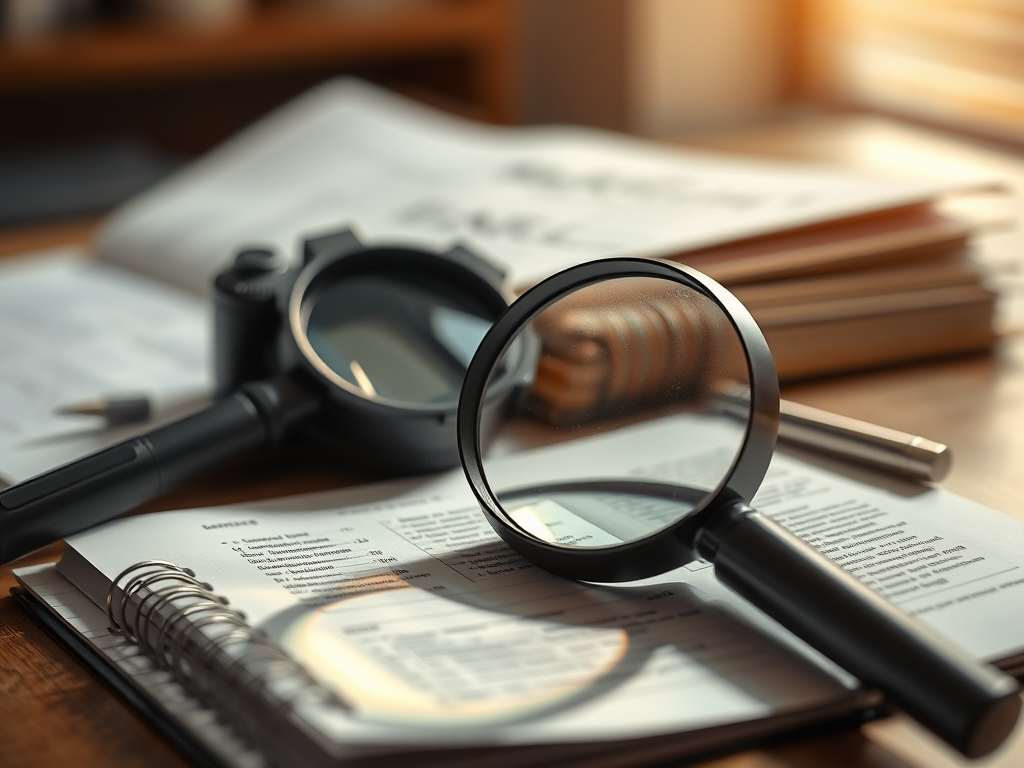 A close-up view of a magnifying glass resting on open legal documents and a notepad, with a pen and stacks of papers in the background, creating a professional and investigative setting.